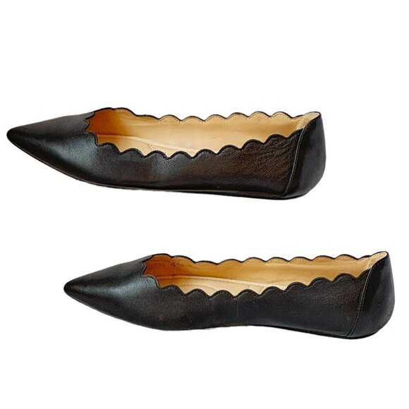 Adrienne Vittadini Fox Ballerina Flat Scalloped Pointed Toe Black Leather Size 9 - Picture 1 of 10